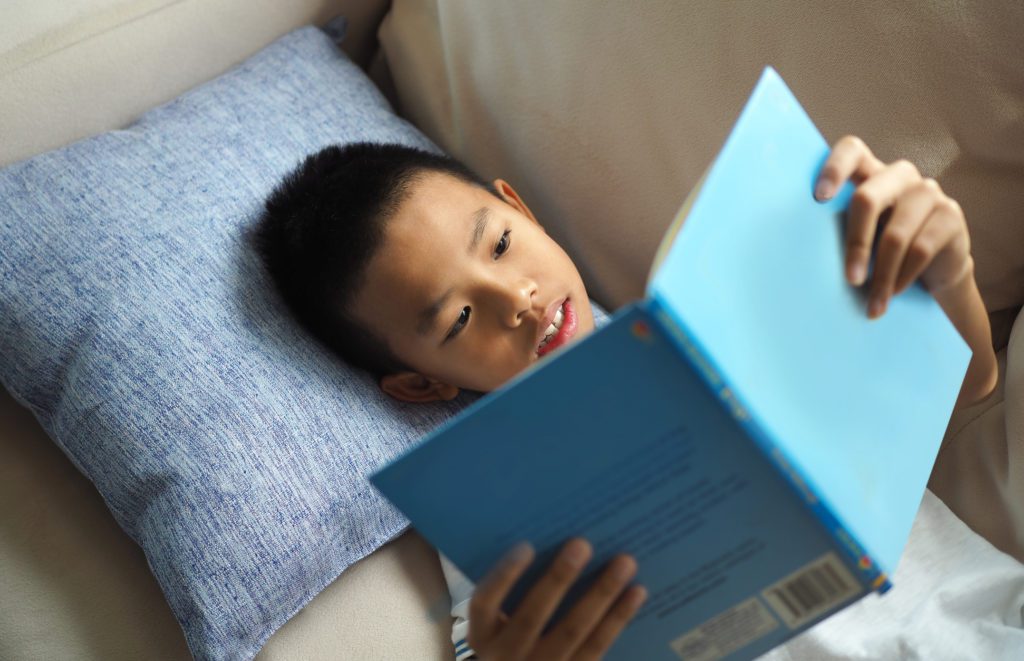 Young boy reading a book on the sofa