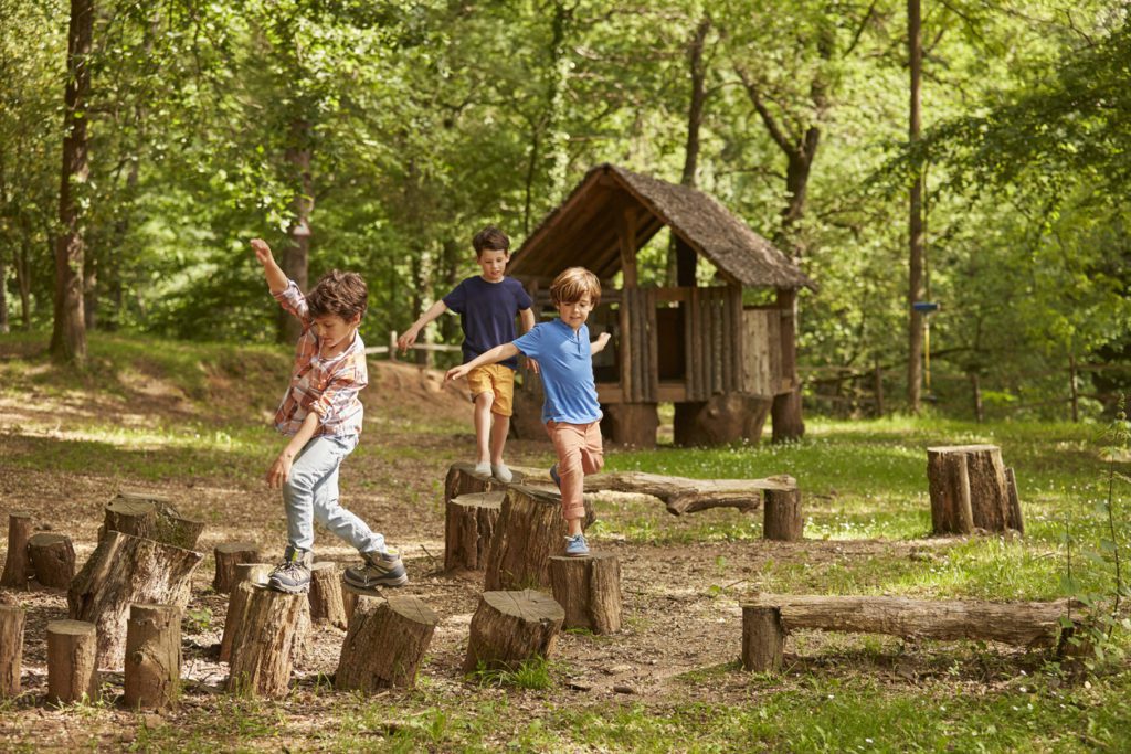 Three boys playing in the woods